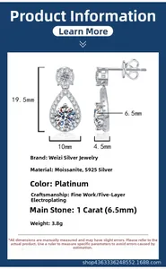 Detailed size specifications of 1 carat water drop moissanite silver earrings