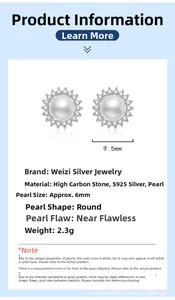 Macro detail of 6mm white pearl earrings with halo high-carbon stone setting and S925 silver