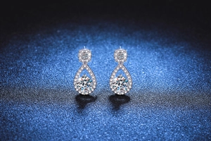 Detailed view of teardrop sterling silver earrings featuring brilliant moissanite stones