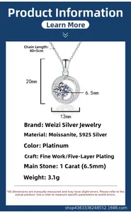 Infographie détaillée du collier Moissanite 1ct S925 avec dimensions et poids précis