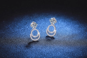 Detailed view of S925 sterling silver drop earrings with shimmering moissanite rings