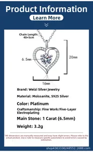 Size chart showing S925 silver heart necklace with 1 carat moissanite pendant dimensions