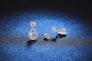 Detailed view of S925 silver teardrop earrings with brilliant moissanite and micro-pave setting