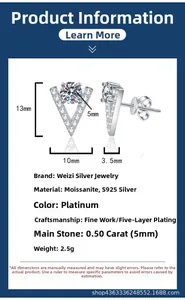 Detailed specs of S925 silver V-shaped moissanite earrings with 0.5ct heart-shaped prongs