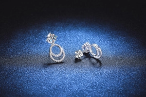 Macro shot of 1ct Moissanite sterling silver earrings with double teardrop drop pendants