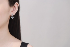 Close-up of S925 sterling silver teardrop halo earrings with 1 carat moissanite stones