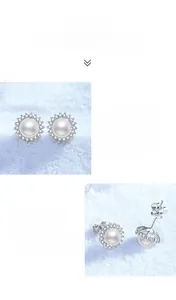 Macro shot of S925 sterling silver sunflower earrings with natural freshwater pearl inlay