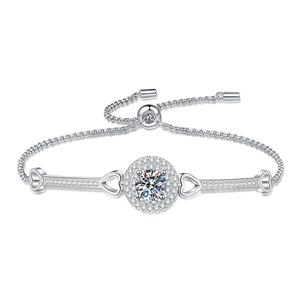 Luxury 925 sterling silver adjustable bracelet with 1 carat moissanite and heart accents