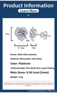Detailed specs of S925 silver camellia earrings with 1 carat D-color moissanite