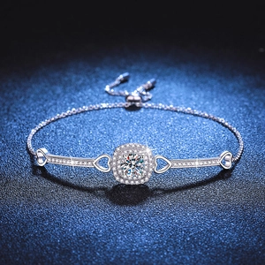 Bracelet Moissanite en Argent Sterling 925 de Luxe pour Femmes Halo Coeur Chaîne Réglable Bijoux de Main à la Mode