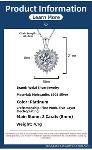 Detail view of 2ct heart-shaped Moissanite necklace in S925 sterling silver with size specs