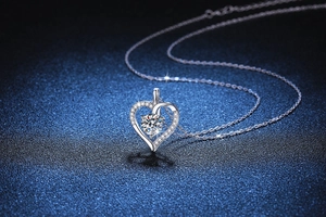 Detailed view of heart-shaped S925 silver pendant with sparkling Moissanite gemstone