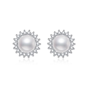 Elegant S925 sterling silver freshwater pearl stud earrings with sparkling zircon halo