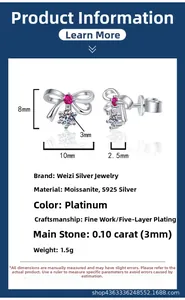 Detailed size specifications of bow-shaped S925 silver moissanite stud earrings