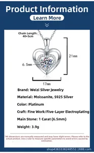 Pendente a cuore in argento S925 con moissanite da 1 carato e specifiche delle dimensioni