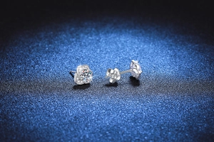 Macro shot of S925 silver camellia earrings with brilliant round moissanite center stone