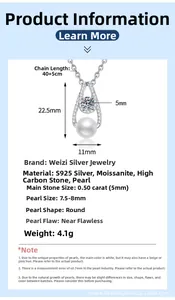 Détail macro du pendentif en argent S925 avec moissanite et perle d'eau douce