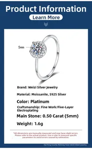 Detailed specifications for s925 silver moissanite ring with 5mm stone and plating details