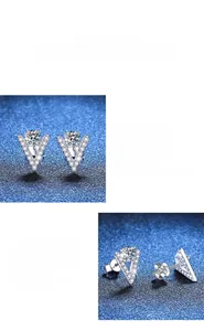 Macro detail of V-shaped S925 silver stud earrings with D color Moissanite stone