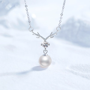 925 Sterling Silver Reindeer Horn Necklace With Freshwater Pearl And Moissanite Sparkling Antler Pendant Holiday Jewelry For Women