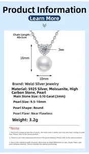 Detailed specs of S925 silver heart necklace with 10mm freshwater pearl and moissanite