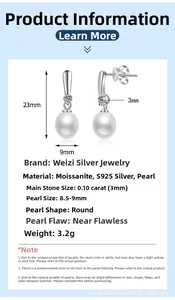 Detailed size specifications for S925 silver moissanite and 9mm freshwater pearl earrings