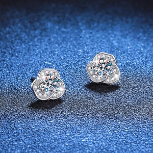 S925 sterling silver camellia stud earrings featuring 1ct D-color Moissanite stones