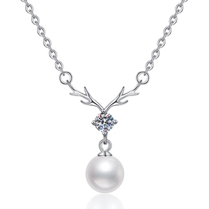 Elegant S925 silver deer antler necklace with moissanite and white pearl pendant