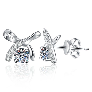 Elegant 925 sterling silver bow knot stud earrings with Moissanite stone in center