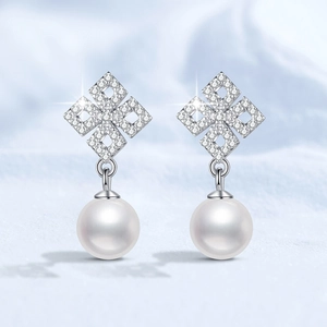 Elegant S925 sterling silver pearl earrings with geometric diamond-encrusted studs