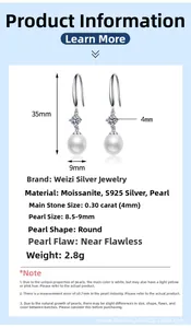 Detailed specs of S925 silver earrings with 9mm rice-shaped pearls and moissanite