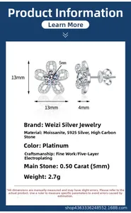 Detailed infographic of S925 silver sunflower moissanite earrings with size and weight specs