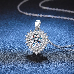 S925 sterling silver heart necklace with 2 carat moissanite pendant on a starry blue background