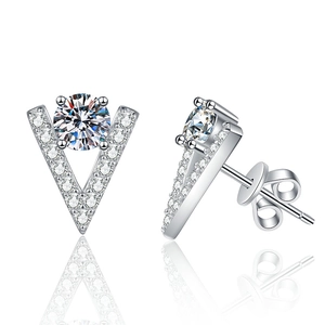 Elegant S925 sterling silver V-shape stud earrings with moissanite stones on white background