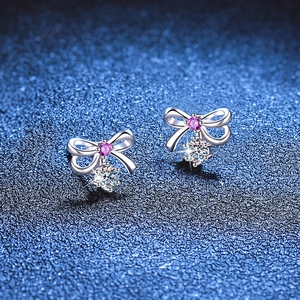 S925 sterling silver bowknot earrings with pink stone and brilliant moissanite accents