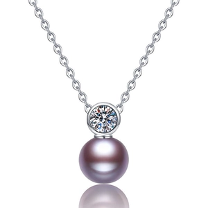 S925 silver necklace with sparkling moissanite pendant and purple freshwater pearl