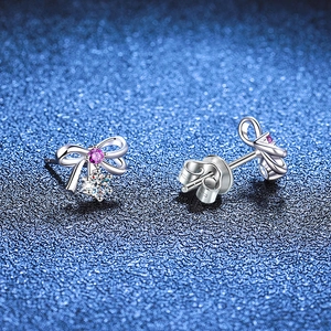 S925 sterling silver bow earrings featuring D-color moissanite stones and pink accents