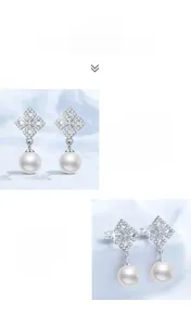 Detailed close-up of S925 silver earrings with freshwater pearls and moissanite stones