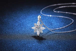 Vue détaillée du pendentif flocon en argent 925 avec des pierres de Moissanite brillantes
