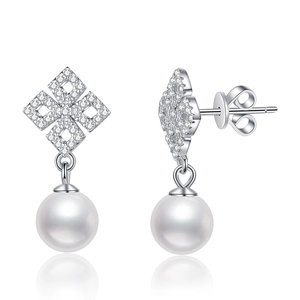 S925 sterling silver pearl earrings with diamond geometric stud design for women
