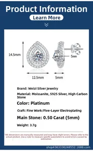 Detailed view of pear-cut moissanite silver earrings with size and weight specs