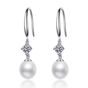 Elegant S925 silver hook earrings with moissanite stud and round white pearl drop