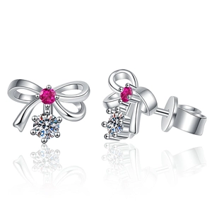 Elegant S925 sterling silver bow earrings with moissanite and red gemstone accent