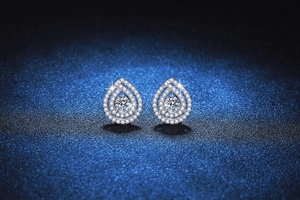 Macro detail of teardrop S925 sterling silver stud earrings with moissanite pavé