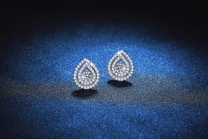 Macro shot of S925 sterling silver teardrop earrings with D color moissanite stones