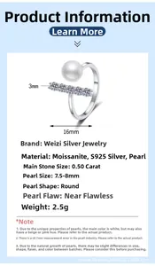 Macro detail of 0.5ct Moissanite and 8mm freshwater pearl on S925 silver ring band
