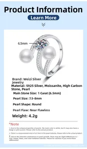 Detail view of S925 silver ring featuring 1ct moissanite and dual 7.5-8mm freshwater pearls