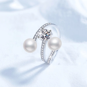S925 Sterling Silver Moissanite Freshwater Pearl Ring Bow Wave Multi Layer Open Adjustable Ring Fashion Fine Jewelry For Women