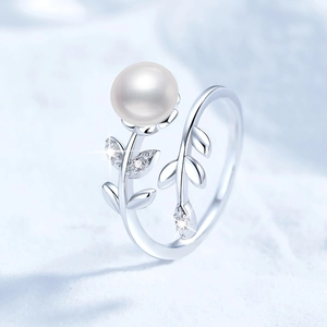 925 Sterling Silver Freshwater Pearl Adjustable Ring For Women Leaf Branch Design Rhinestone Inlaid Fashion Finger Ring