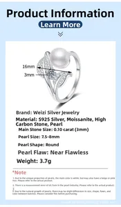 Detailed specs of S925 silver ring featuring 8mm white pearl and moissanite stones